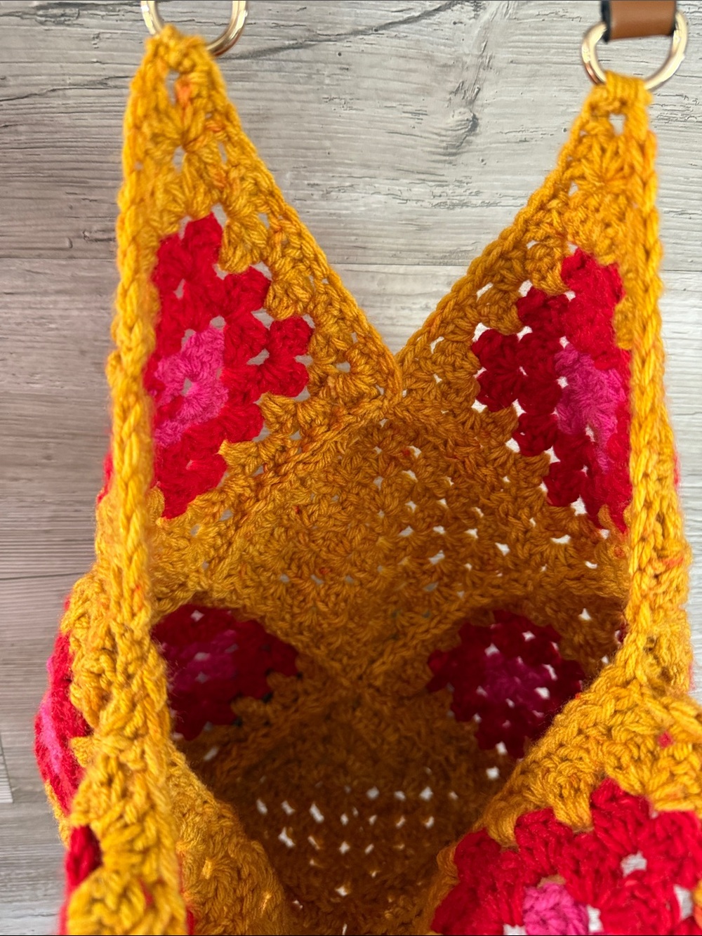 Handmade Mustard Crochet Shoulder Bag with Pink & Red Floral Squares - Picture 3 of 4